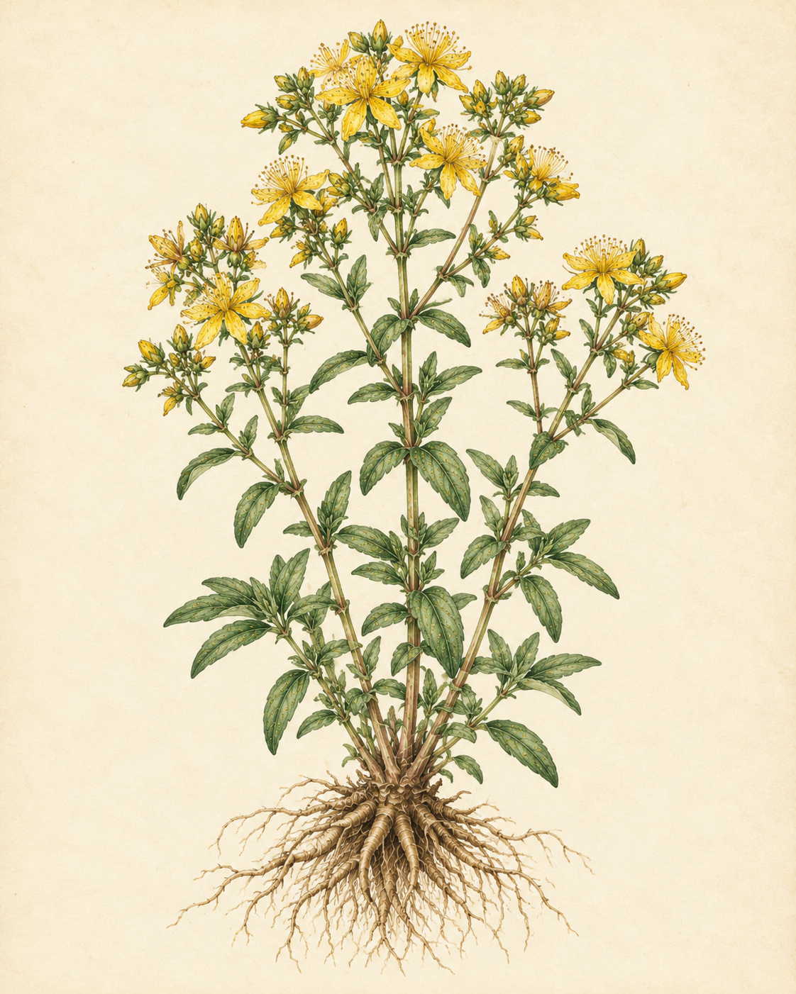 Kunstnerisk akvarel inspireret af Prikbladet perikon (Hypericum perforatum)