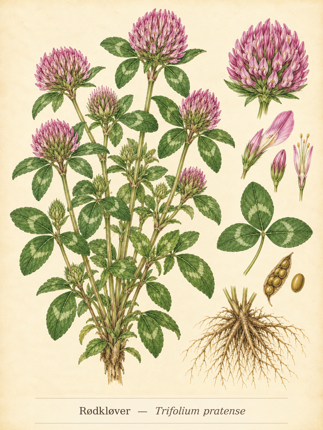 Kunstnerisk akvarel inspireret af Rødkløver (Trifolium pratense)
