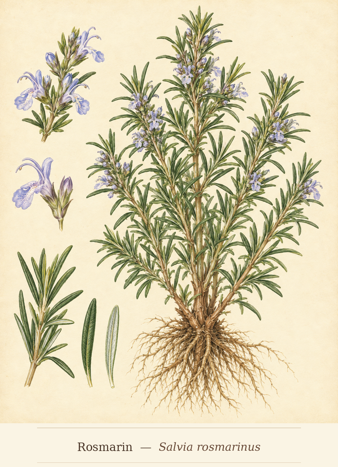 Kunstnerisk akvarel inspireret af Rosmarin (Salvia rosmarinus)