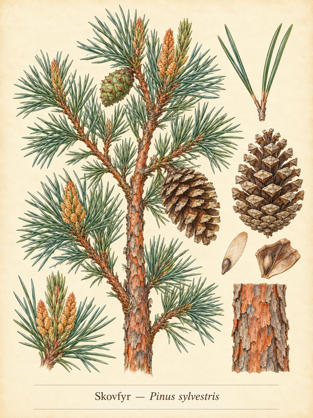 Kunstnerisk akvarel inspireret af Skovfyr (Pinus sylvestris)