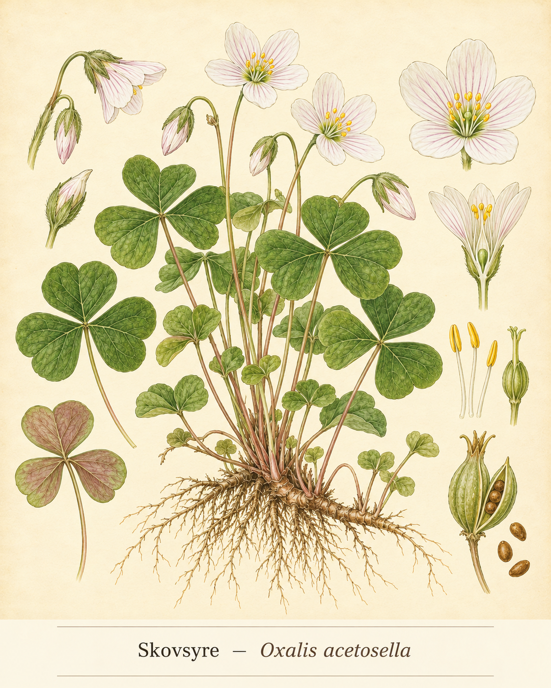 Kunstnerisk akvarel inspireret af Skovsyre (Oxalis acetosella)