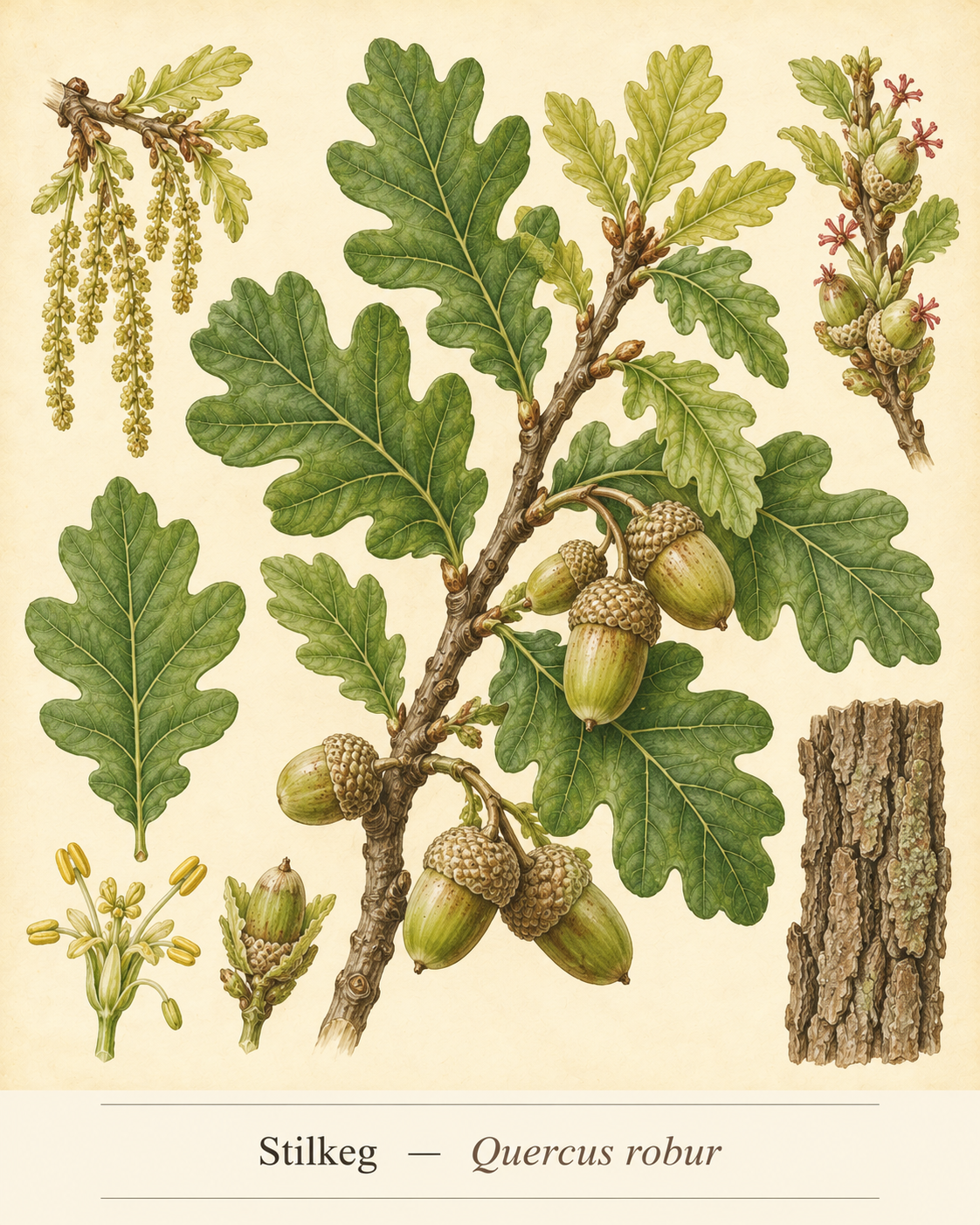 Kunstnerisk akvarel inspireret af Stilkeg (Quercus robur)