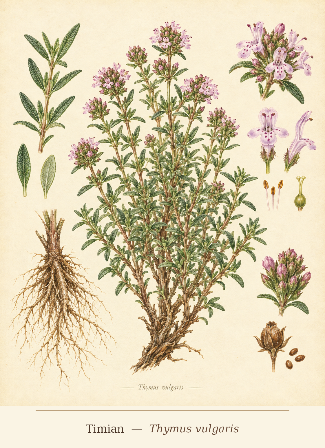 Kunstnerisk akvarel inspireret af Timian (Thymus vulgaris)