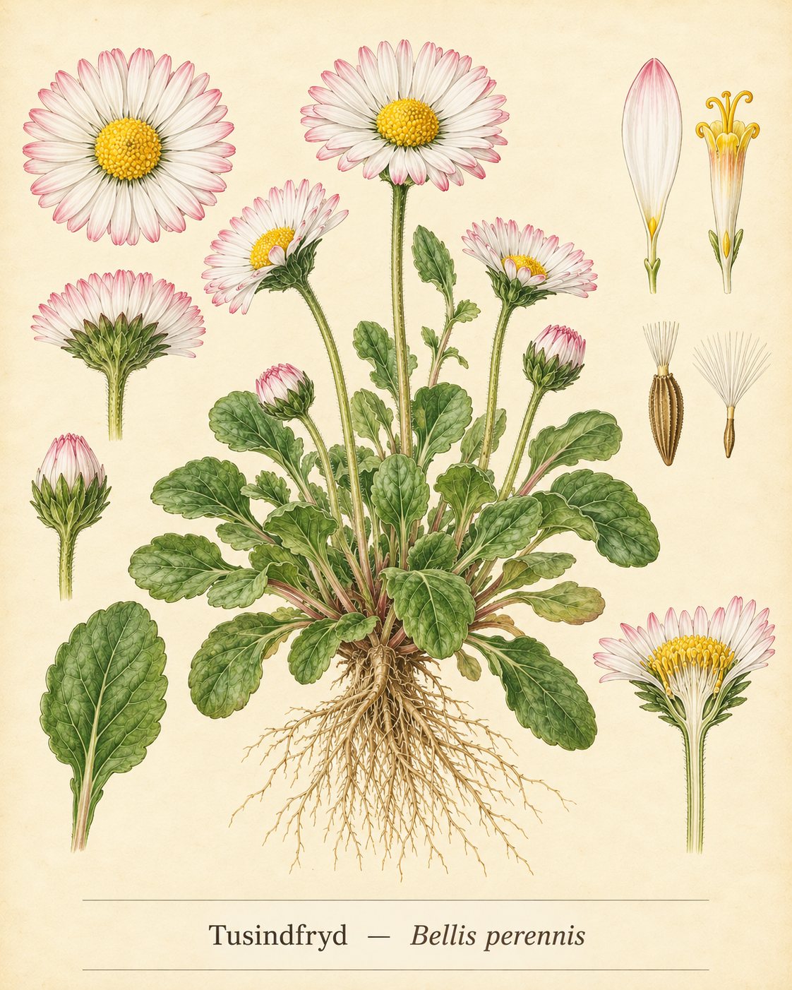 Kunstnerisk akvarel inspireret af Tusindfryd (Bellis perennis)