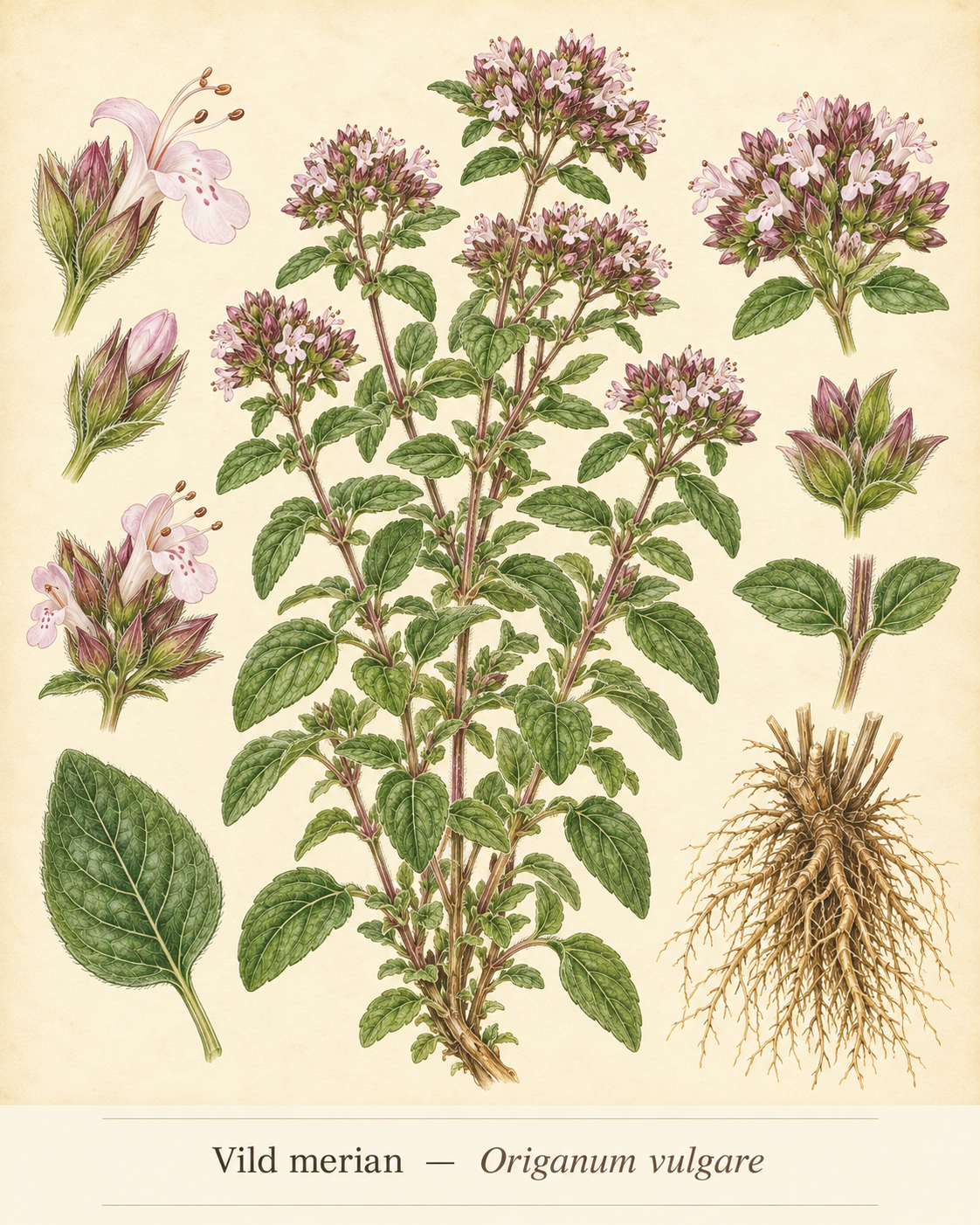 Kunstnerisk akvarel inspireret af Vild merian (Origanum vulgare)
