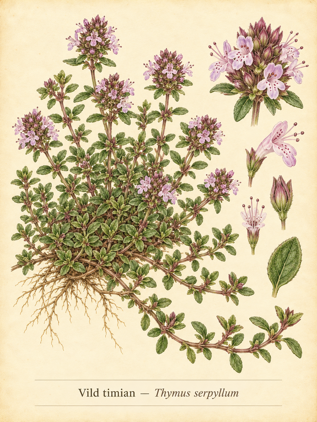 Kunstnerisk akvarel inspireret af Vild timian (Thymus serpyllum)