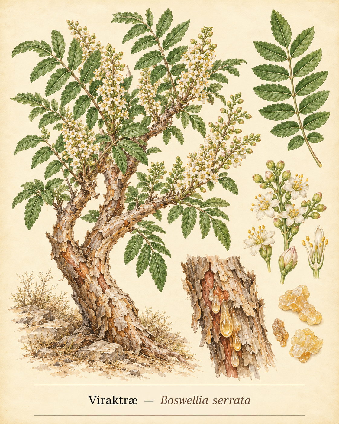 Kunstnerisk akvarel inspireret af Viraktræ (Boswellia serrata)