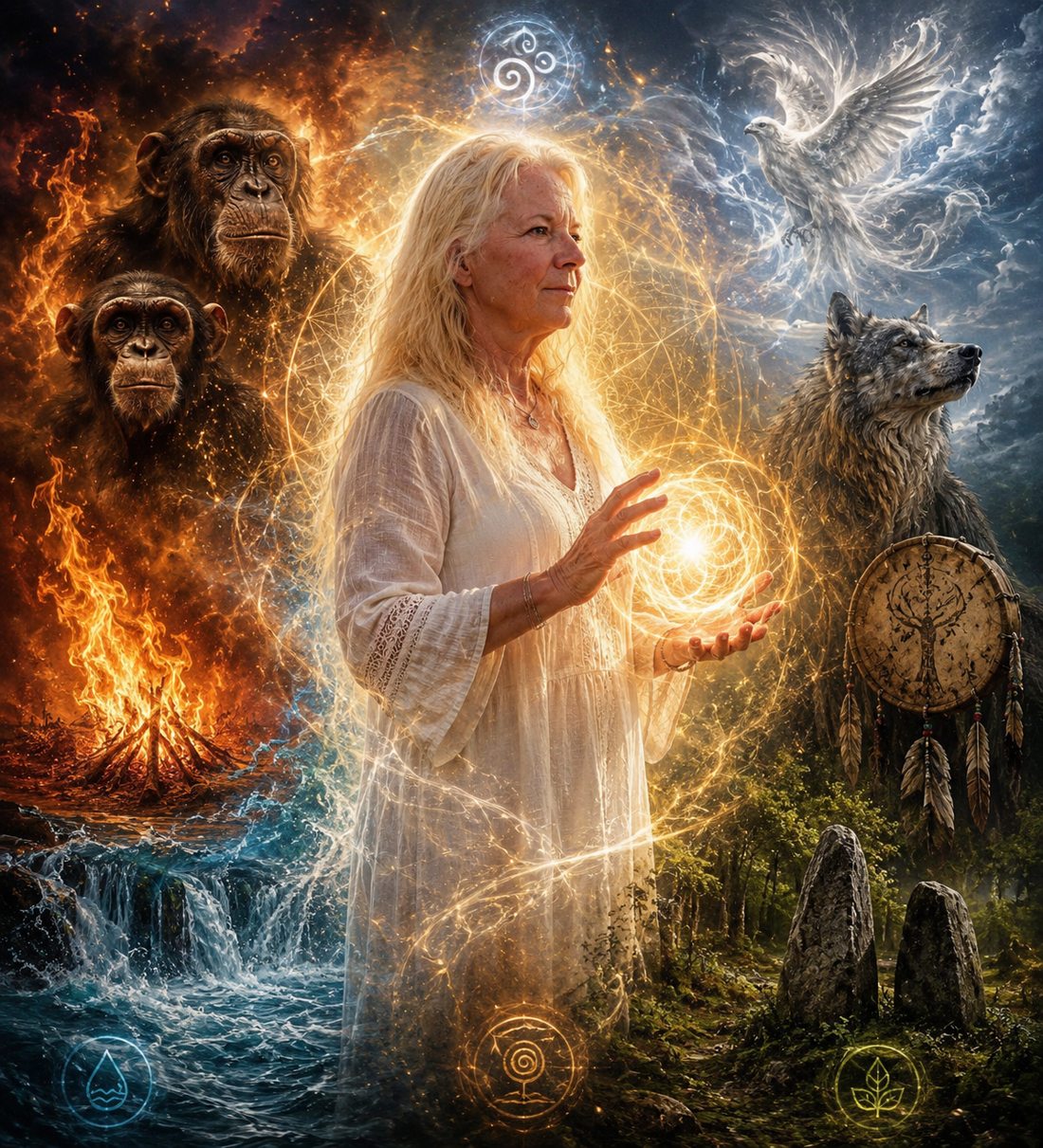 Spirituelt kunstbillede med natur, dyr og shamanistisk symbolik
